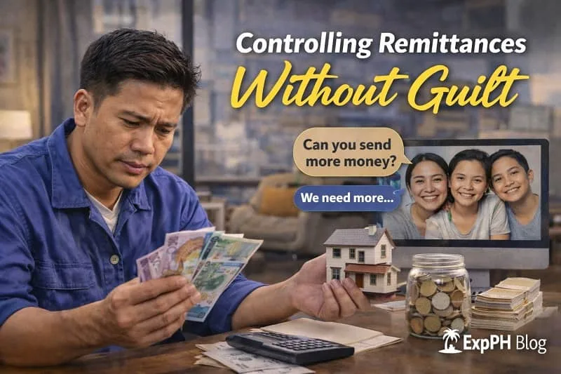 Filipino OFW reviewing remittance money and budget while thinking about family support and financial limits without guilt.
