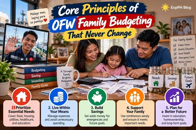 Filipino family planning their household budget while connecting with an OFW family member through a video call, with savings jars and financial goals displayed on the table.