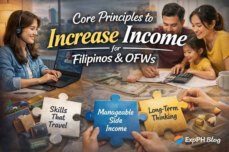 Filipino individuals and OFW families focusing on core principles like skill development, manageable side income, and long-term financial planning to increase income.