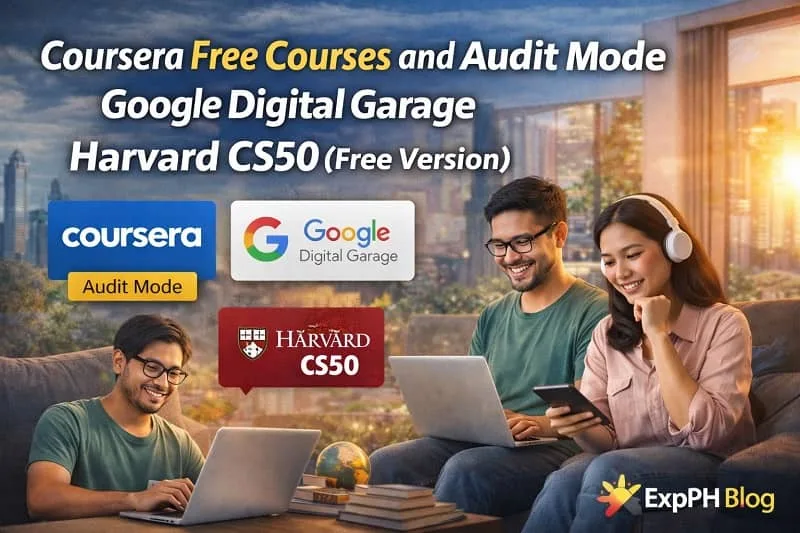 Filipinos and OFWs studying online using Coursera free courses, Google Digital Garage, and Harvard CS50 with ExpPH Blog logo displayed
