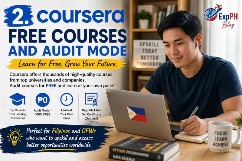 Filipino learner studying online using Coursera on a laptop with text about free courses and audit mode and ExpPH Blog logo