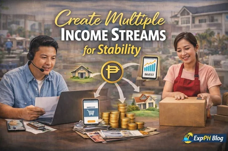 Create multiple income streams for stability showing Filipinos managing online work, small business, and investments to build financial security