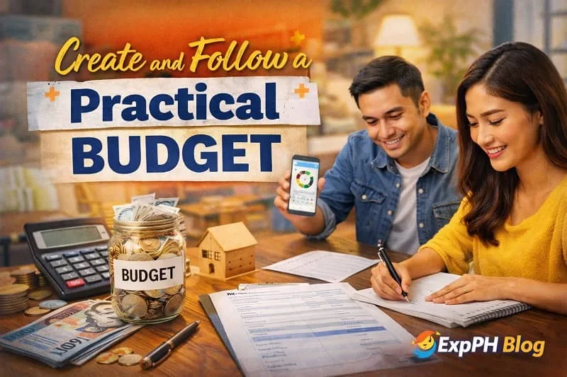 Filipino couple creating a practical budget using savings, calculator, and budget planner, representing smart money management and financial discipline