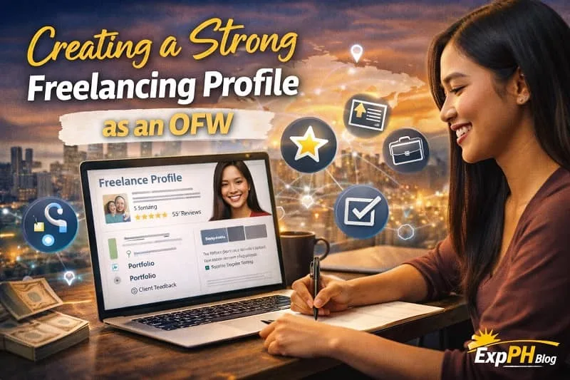 Filipino OFW building a strong freelancing profile on a laptop with portfolio, ratings, and client feedback displayed