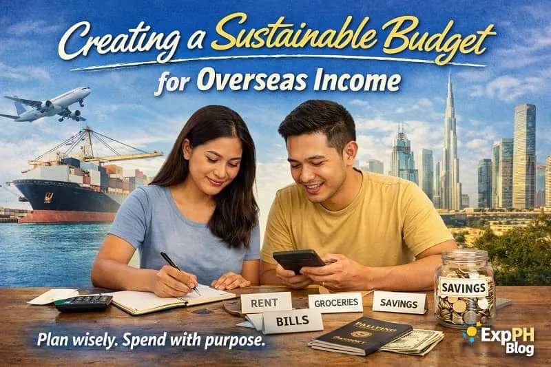 Filipino overseas workers creating a sustainable budget for overseas income, showing expense tracking, savings planning, and financial discipline with ExpPH Blog logo