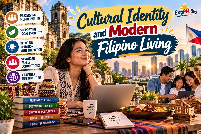 Realistic Filipina woman using a laptop beside traditional Filipino woven crafts and local food, with a historic church, Philippine flag, modern city skyline, and a Filipino family, representing cultural identity and contemporary living, featuring the ExpPH Blog logo.