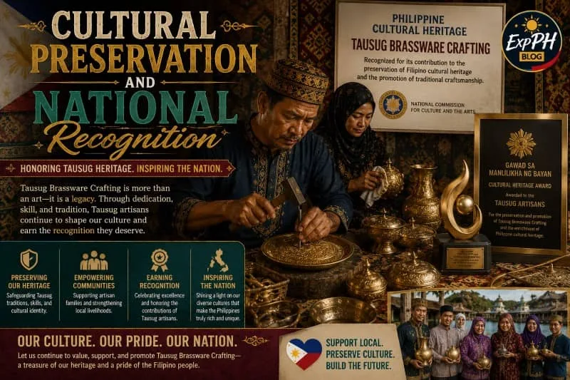 A realistic image of Tausug brassware artisans and cultural representatives showcasing traditional handcrafted brass items in the Philippines, featuring Filipino heritage elements, cultural recognition themes, and the ExpPH Blog logo.