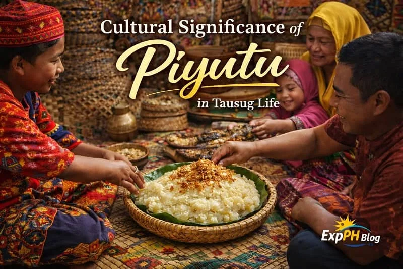 Tausug family sharing Piyutu mashed cassava on woven mats showing cultural tradition and community life in Sulu