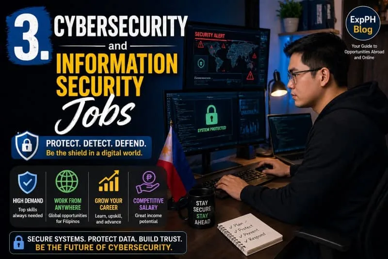 A Filipino cybersecurity professional monitoring security systems on multiple screens in a modern workspace, highlighting cybersecurity and information security careers with ExpPH Blog branding.