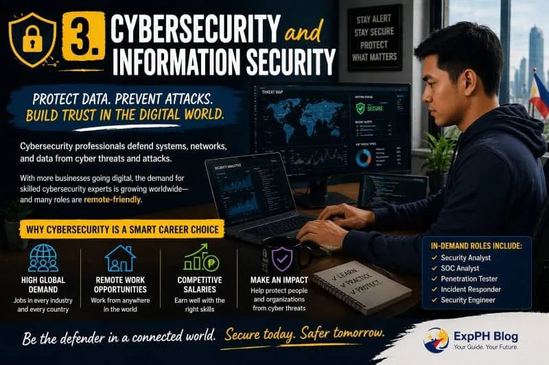 A Filipino professional working on multiple screens with security dashboards and code, representing cybersecurity and information security careers, with visual elements about data protection, remote work, and global demand, including the ExpPH Blog logo.
