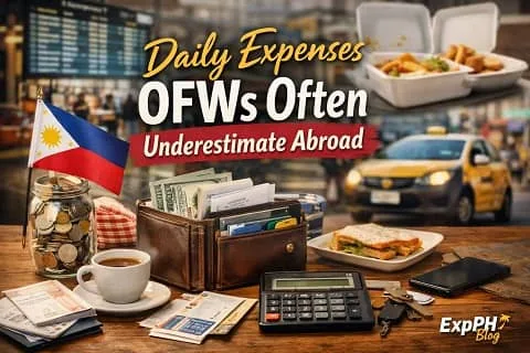 Filipino OFW reviewing receipts, money, food, and transport costs abroad showing daily expenses OFWs often underestimate with ExpPH Blog logo