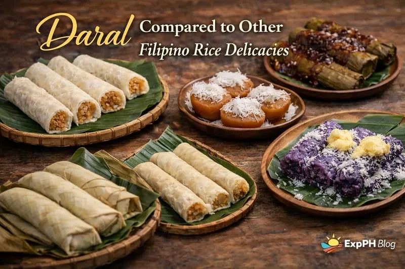 Daral Tausug delicacy displayed alongside other Filipino rice delicacies on banana leaves, highlighting differences in texture, preparation, and cultural meaning