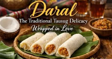 Daral Tausug delicacy made from thin crepe rolls filled with sweet coconut, traditionally prepared in Sulu and served during family gatherings