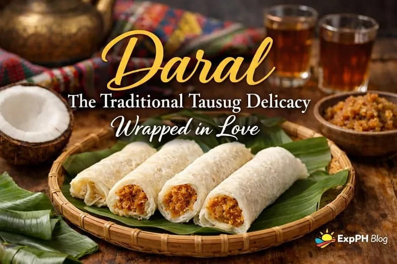 Daral Tausug delicacy made from thin crepe rolls filled with sweet coconut, traditionally prepared in Sulu and served during family gatherings