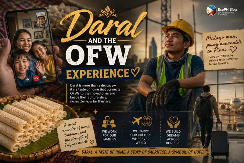 Traditional Daral delicacy from Sulu displayed alongside an Overseas Filipino Worker communicating with family through a video call, symbolizing home, culture, and family connections despite working abroad.