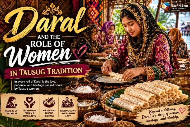 Tausug women in traditional attire gather in a Sulu home, working together to prepare and roll the Daral delicacy.