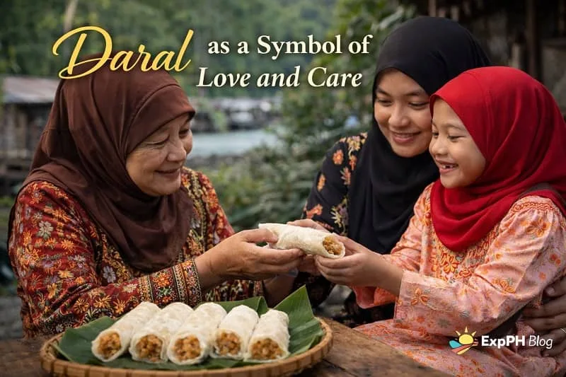 Daral Tausug delicacy served on banana leaves with sweet coconut filling, symbolizing love, care, and family tradition in Tausug culture