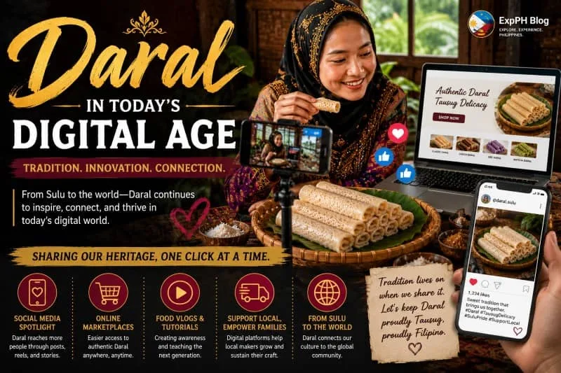 Traditional Tausug Daral delicacy being promoted through social media, online marketplaces, and digital content creation, showcasing how Filipino culture and food heritage are shared in the modern digital age.