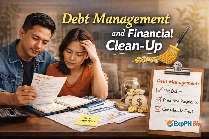 Filipino OFW reviewing bills and debts with checklist and calculator, representing debt management and financial clean-up while working abroad