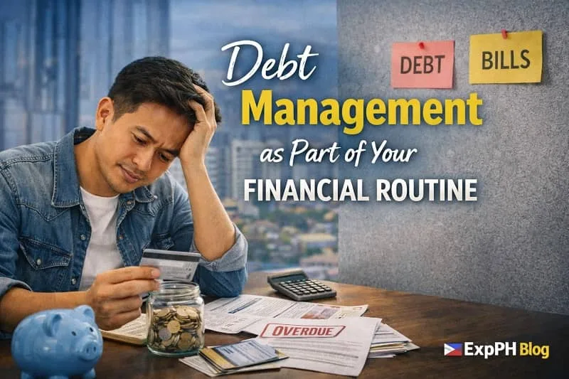 Filipino OFW reviewing bills and loan payments abroad while managing debt as part of a financial routine