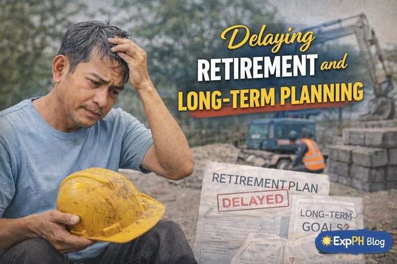 Filipino adult looking concerned while reviewing savings and documents, showing the impact of delaying retirement and long-term financial planning
