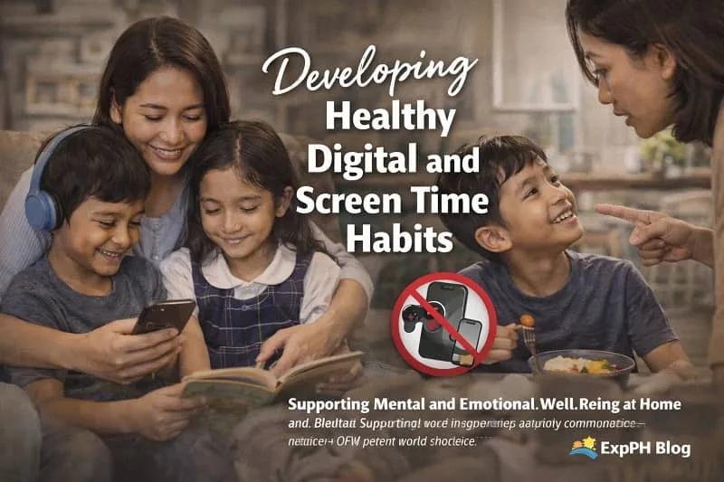 Developing Healthy Digital and Screen Time Habits showing a Filipino family balancing screen use with reading, meals, and family interaction at home