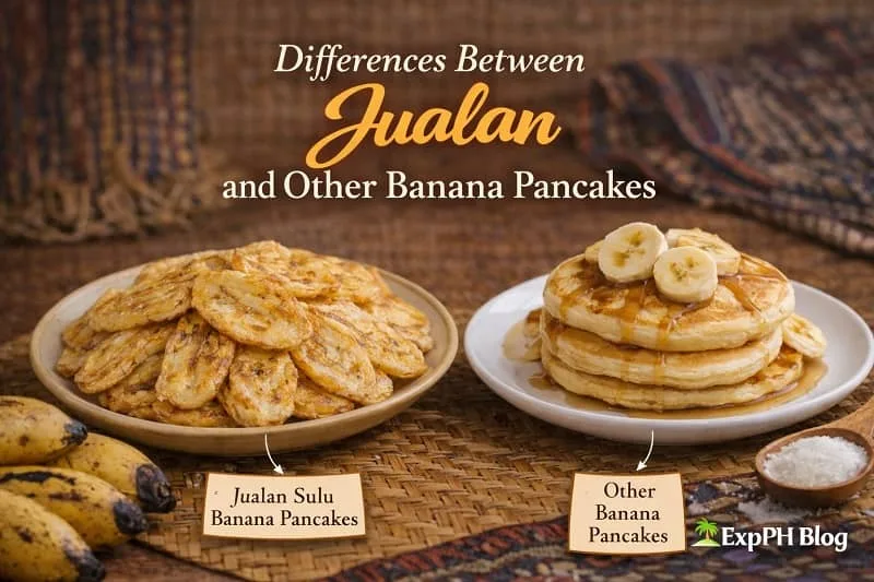 Side by side comparison of Jualan Sulu banana pancake and other banana pancakes, showing thinner pan fried Jualan versus thicker fluffy pancakes