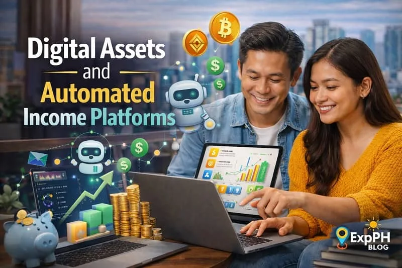 Filipino couple using digital assets and automated income platforms on laptops with charts, crypto icons, and automation visuals