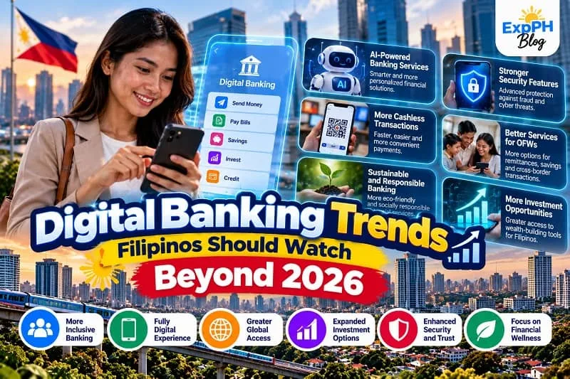  Filipina using a smartphone beside digital banking graphics showing AI-powered services, cashless payments, stronger security, OFW banking support and investment opportunities in the Philippines.