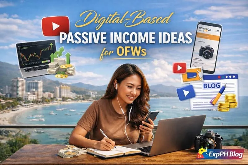 Filipino OFW using laptop and smartphone representing digital-based passive income ideas for OFWs with online work and digital tools
