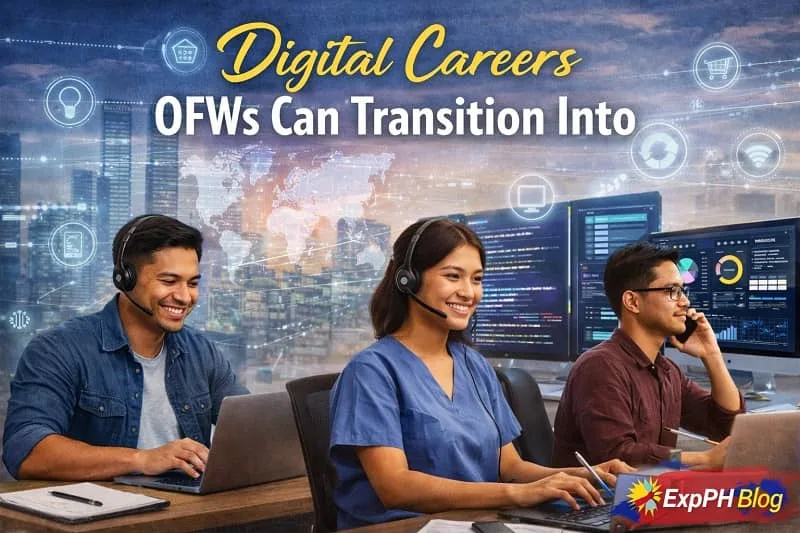 Filipino OFWs working remotely on laptops and computers, representing digital careers such as freelancing, web development, and online work, with ExpPH Blog logo.