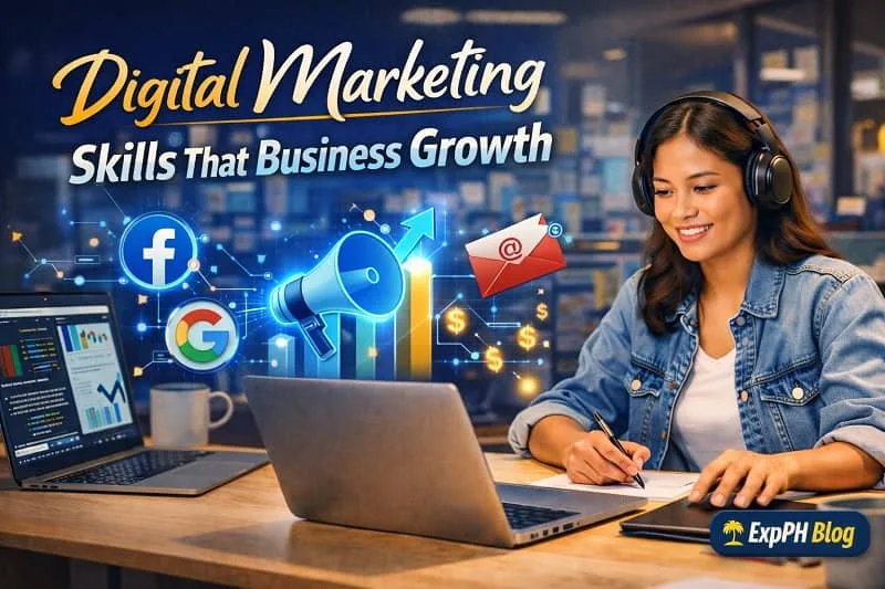 Filipino digital marketer working on a laptop showing digital marketing skills that drive business growth with ExpPH Blog logo visible