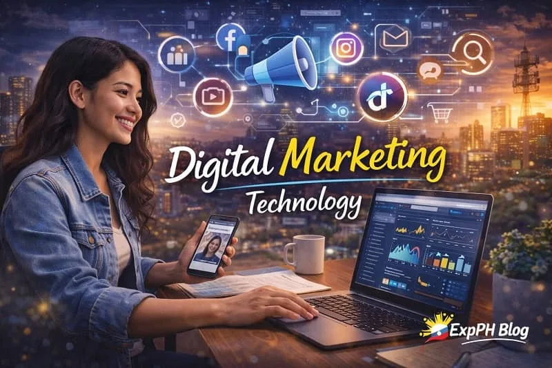 Filipino digital marketer analyzing online marketing data, social media metrics, and performance dashboards on a computer, representing digital marketing technology skills for OFWs in a modern workspace.