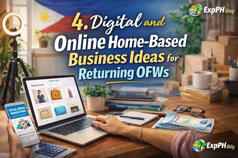 Filipino working on a laptop and smartphone at home showing online store and social media marketing with Philippine elements and ExpPH Blog logo