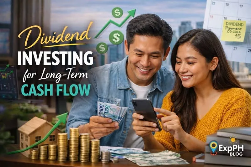 Filipino couple reviewing dividend investing plans for long-term cash flow with charts, savings, and investment symbols
