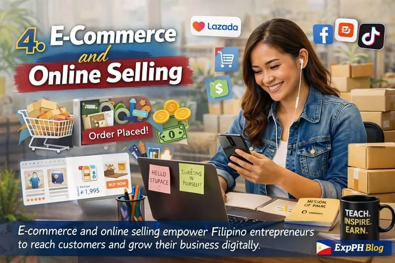 Filipino woman managing an online store using a laptop and smartphone, surrounded by product boxes and e-commerce icons representing online selling