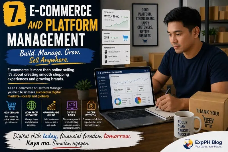 A Filipino professional managing an online store using a laptop with e-commerce dashboards, packages, and sales data visible, representing e-commerce and platform management careers, including the ExpPH Blog logo.