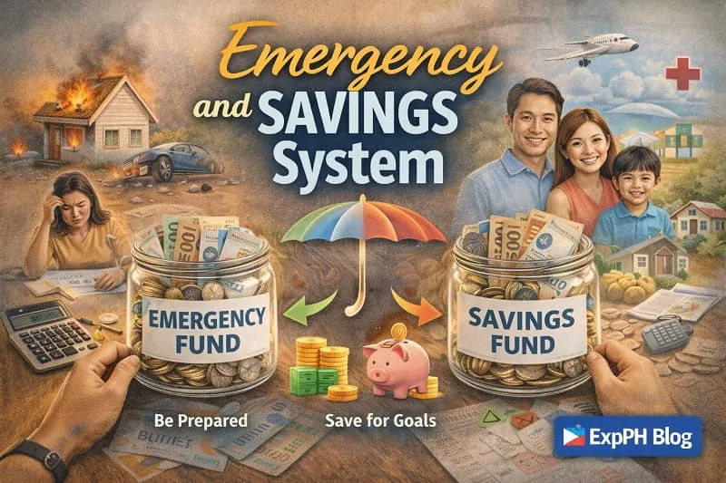 Filipino small business and family scene showing emergency fund and savings fund jars with Philippine peso bills, illustrating an emergency and savings system