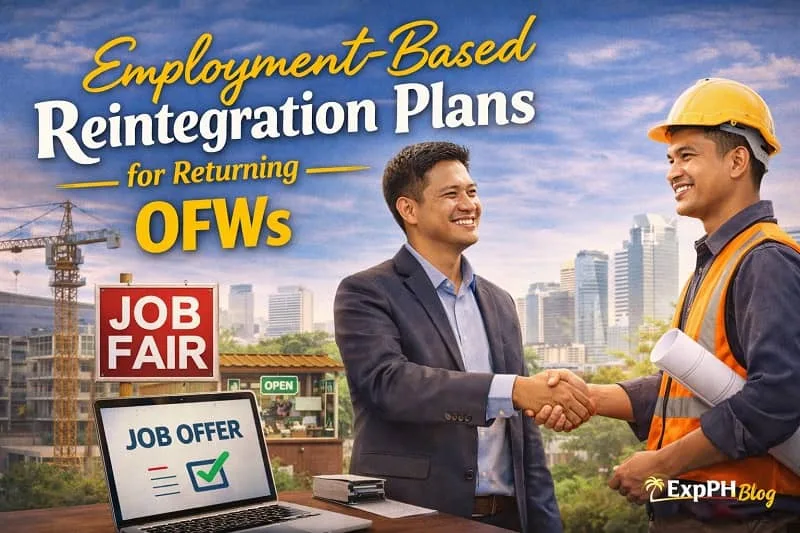 Filipino OFW shaking hands with an employer at a job fair, representing employment-based reintegration planning and local job opportunities for returning OFWs in the Philippines