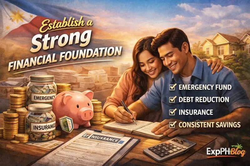 Establish a Strong Financial Foundation showing a Filipino family and OFW planning savings budgeting and financial security with ExpPH Blog logo