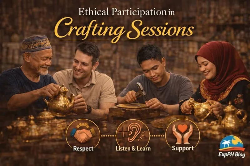 Tausug artisans guiding participants during an ethical brassware crafting session in Sulu, showing Filipino values of respect, learning, and cultural sensitivity.