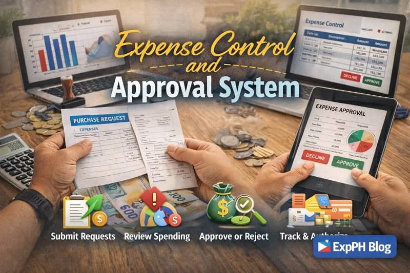 Filipino small business workspace showing expense approval forms, peso bills, laptop charts, and approval decisions representing an expense control and approval system