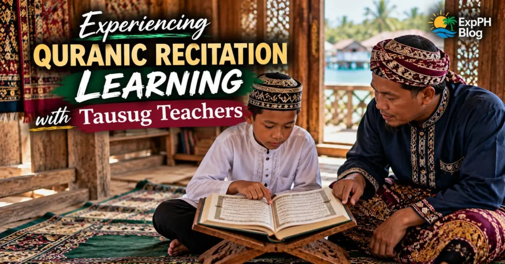 A Tausug teacher in traditional attire guiding young Filipino Muslim students in Quranic recitation inside a wooden learning space in Sulu, Philippines.