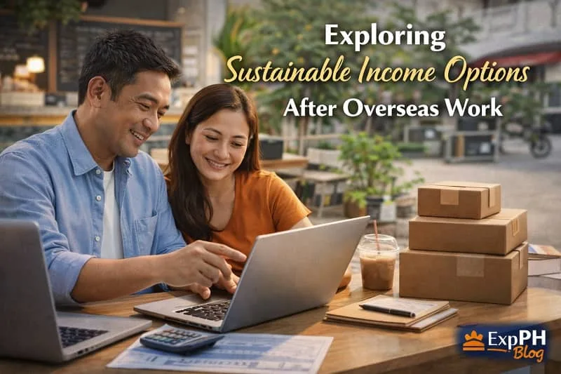 Filipino OFW couple exploring sustainable income options after overseas work using a laptop and small business tools