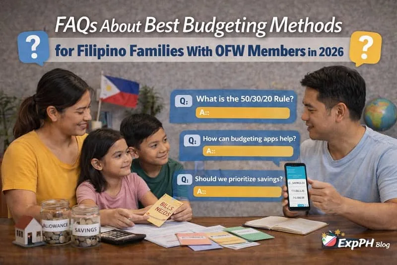 Filipino family discussing budgeting questions and answers about OFW family budgeting methods for 2026 at home.