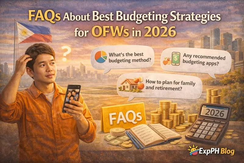 Filipino overseas worker reviewing budgeting questions with savings coins calculator and family photo representing FAQs about OFW budgeting strategies for 2026.