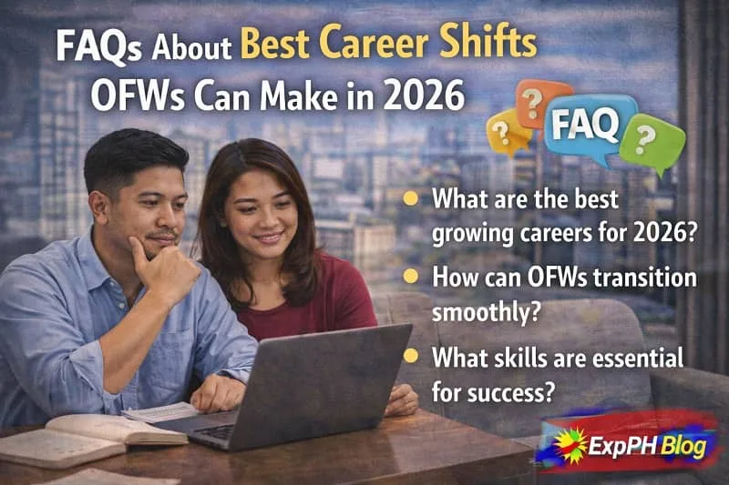 Filipino OFW couple reviewing career information on a laptop, representing frequently asked questions about career shifts for OFWs in 2026, with ExpPH Blog logo.