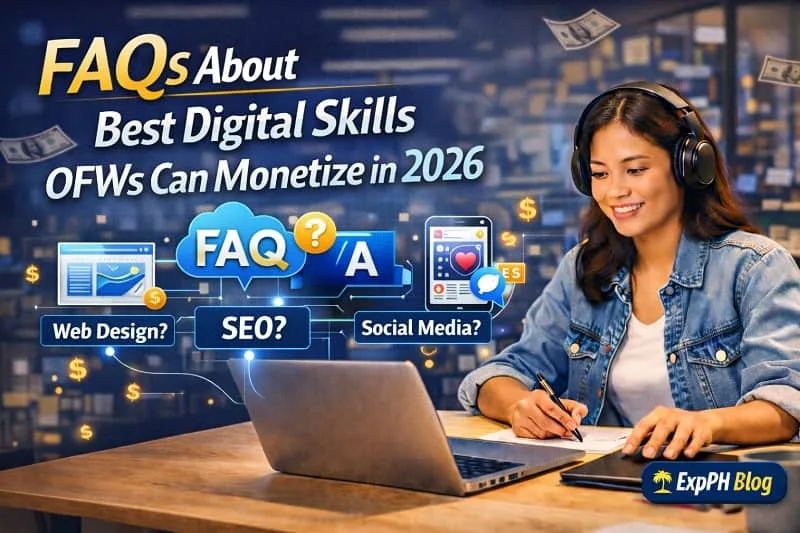 Filipino OFW working on a laptop with FAQ icons showing best digital skills OFWs can monetize in 2026 with ExpPH Blog logo visible