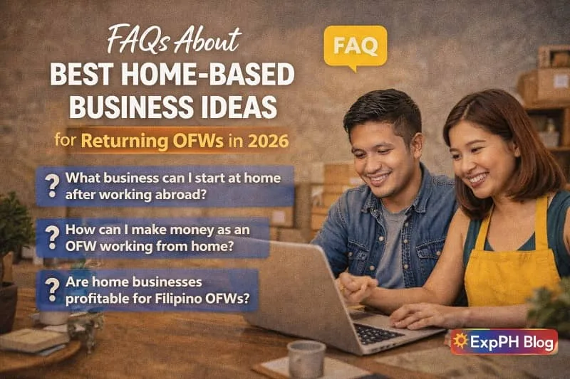 Home-Based Business Ideas for Returning OFWs Filipino returning OFW reviewing frequently asked questions about home-based business ideas, planning options and decisions at home in the Philippines.