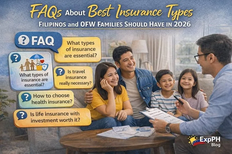 Best Insurance for OFWs 2026 Filipino family discussing insurance questions with an advisor, showing FAQ visuals about insurance types for OFW families in 2026 with ExpPH Blog logo